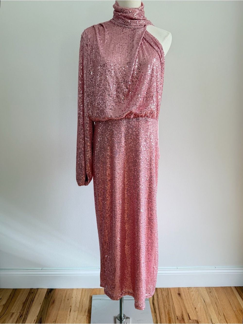 One-Shoulder Pink Sequin Midi Evening Dress